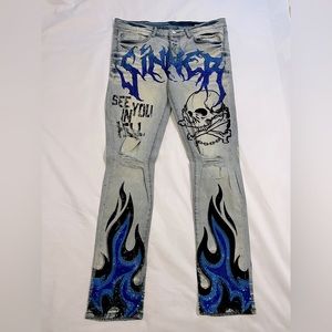 Skull and Flames “Sinner” Skinny Jeans Bedazzled Size 36
